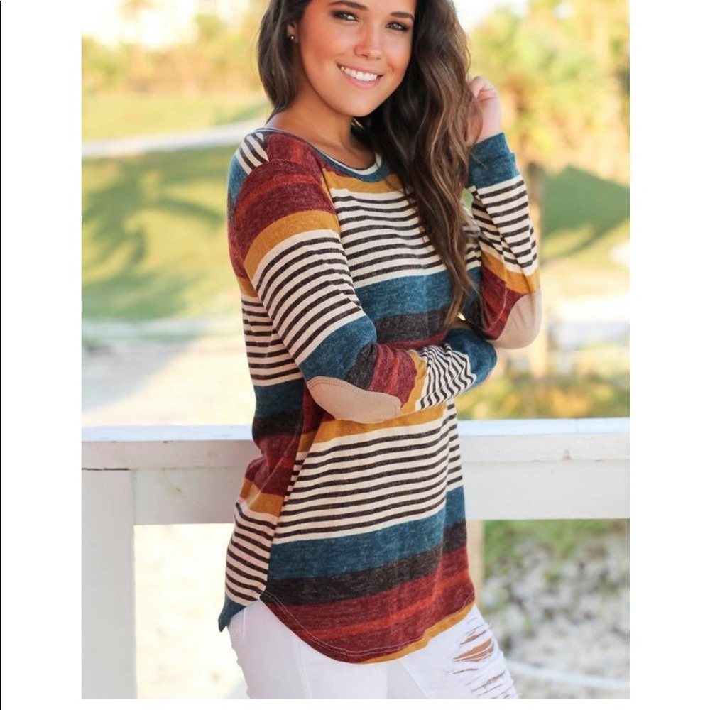 Multicolor striped top with elbow patches
